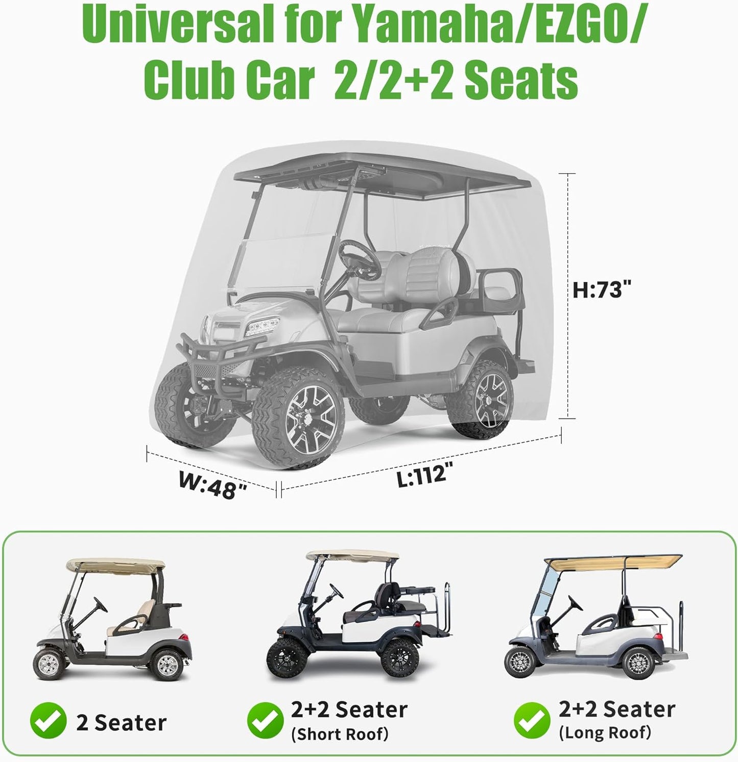 Universal Golf Cart Covers for Yamaha,Club Car, EZGO, Waterproof 2/4 Passenger Golf Cart Rain Covers with 3 Zipper Doors