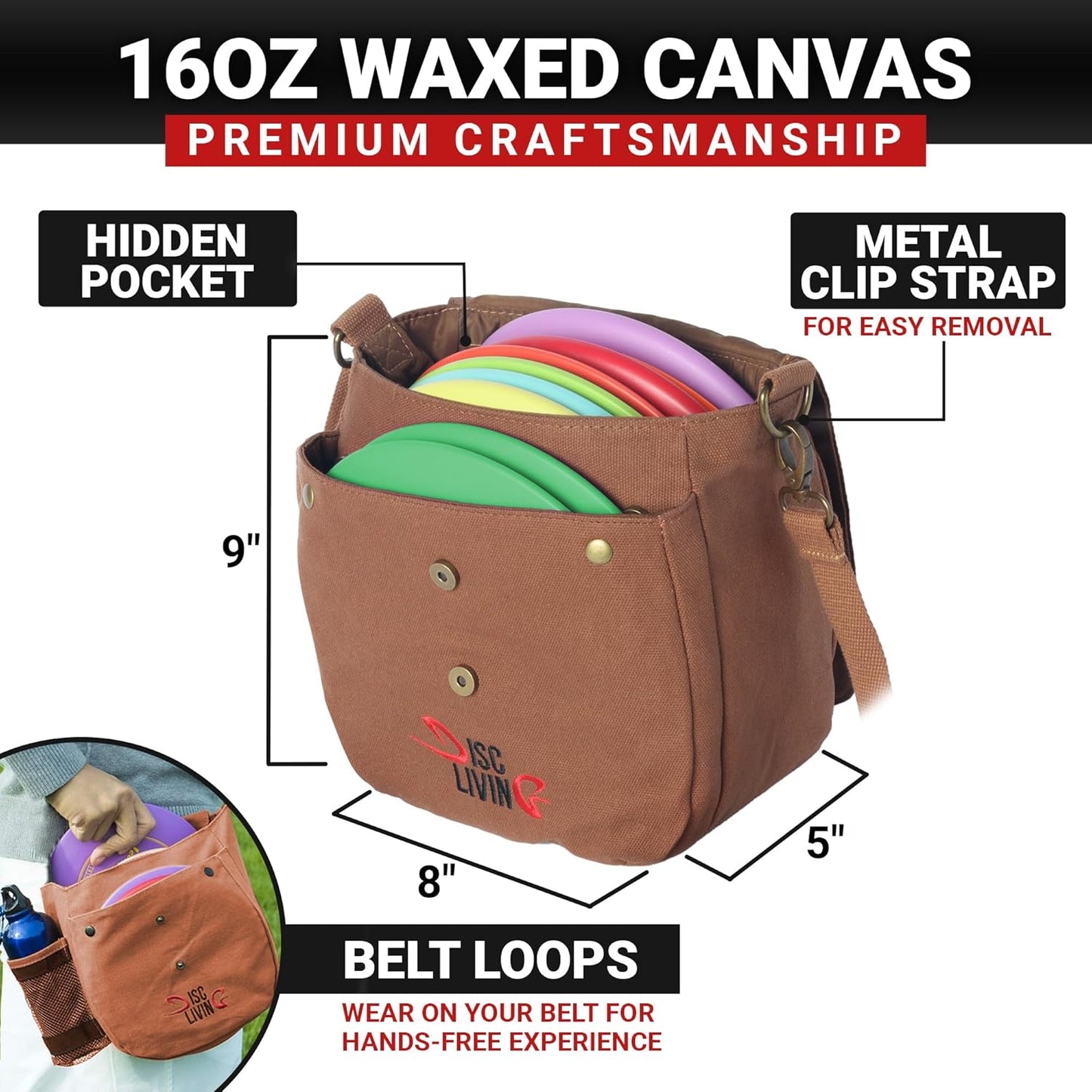 Disc Golf Bag | Frisbee Golf Bag | Easy to Carry | Lightweight Fits up to 10 Discs | 16 Oz Waxed Canvas Sturdy Design | Belt Loop | Double Button Design | Bottle Holder